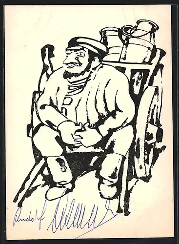 AK Opernsänger Rudolf Asmus als Tewje in Der Fiedler auf dem Dach, Karikatur, mit original Autograph