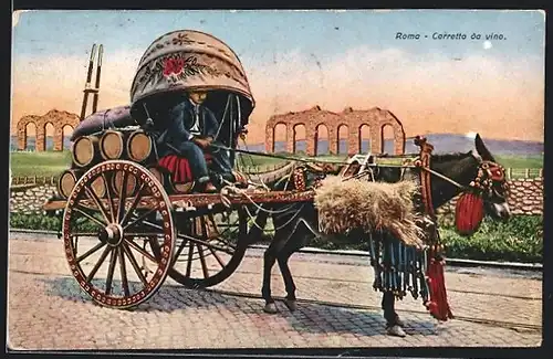 Künstler-AK Carro Romano, Eselgespann mit Fässern beladen