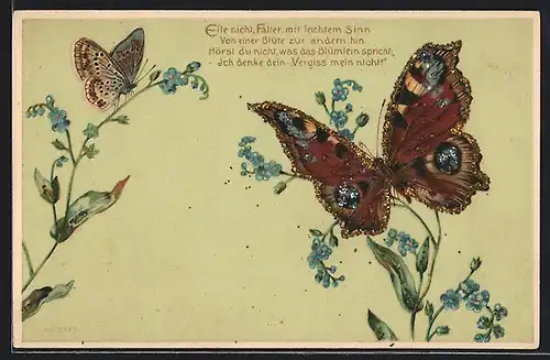 Lithographie Zwei Schmetterlinge auf blauen Blumen, Glitter