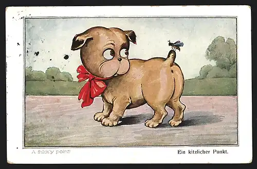 AK Ein kitzlicher Punkt, Wespe ist auf dem Schwanz eines Hundes gelandet