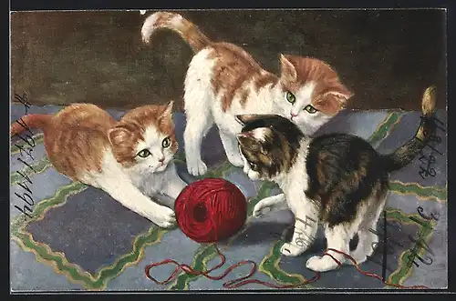 AK Kleine Katzen spielen mit Wollknäuel