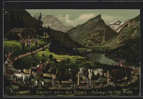 Präge-AK Kühe und Almbauern beim Aufbruch zur Alm
