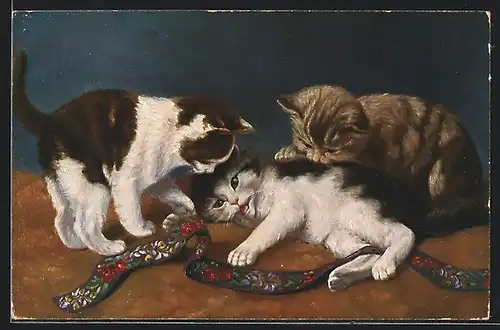 AK Drei junge Katzen spielen mit einem Lederband