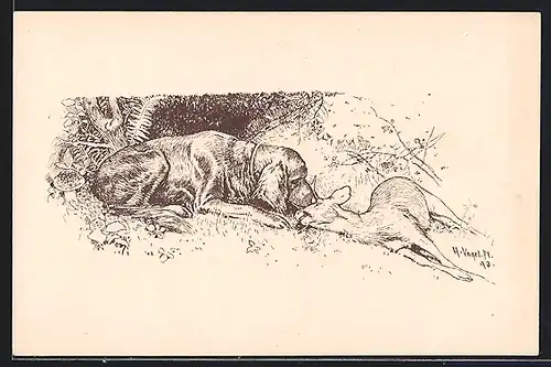 Künstler-AK Jagdhund mit erlegtem Rehbock