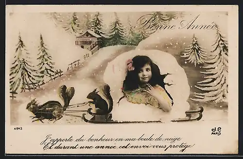 AK Eichhörnchen-Schlitten in Schnee-Idylle, Mädchenportrait, Neujahrsgruss