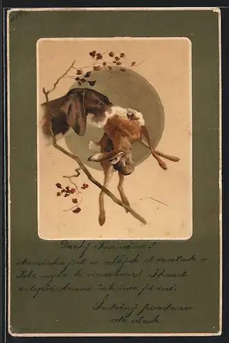 Lithographie Jagdhund mit Hase in der Schnauze