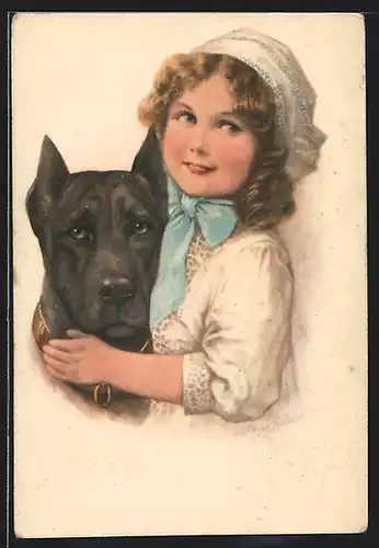 AK Kleines Mädchen und kräftiger schwarzer Hund
