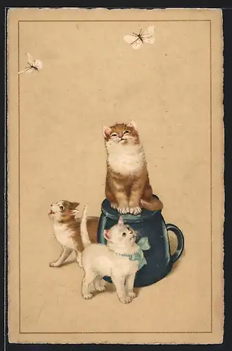 AK Drei Katzen mit einer umgekehrten blauen Tasse