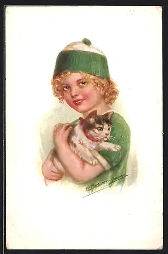 AK Junges Mädchen mit einer Katze im Arm