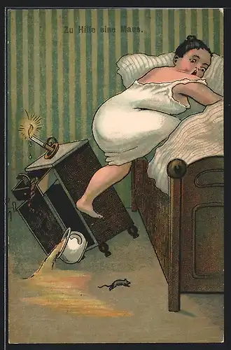 AK Frau springt vor einer Maus ins Bett, Toilettenhumor