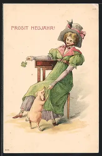 AK Prosit Neujahr, ein Schwein springt am Rock einer jungen Frau hoch, Glücksklee