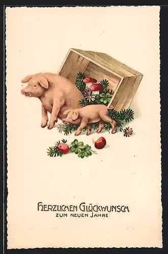 AK Schweine vor Fliegenpilzkiste, Neujahrsgruss