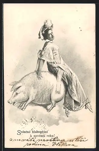 AK Elegante junge Dame auf einem Schwein, Neujahrsgruss
