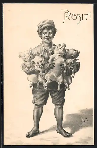 AK Junger Bursche mit Ferkeln auf den Armen, Neujahrsgruss