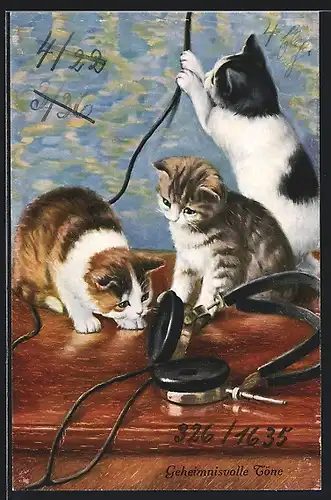 AK Geheimnisvolle Töne, Drei kleine Katzen mit Kopfhörer