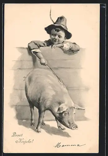 AK Knabe kitzelt ein Schwein, Neujahrsgruss