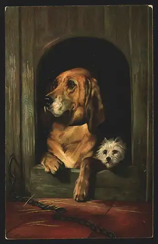 Künstler-AK Bluthund und kleiner Terrier