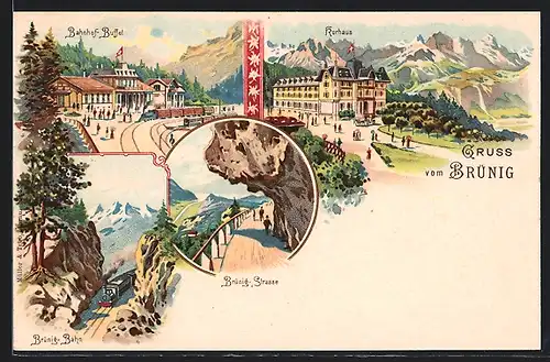 Lithographie Brünig, Ortspartien mit dem Bahnhof, Kurhaus und der Brünig-Bahn
