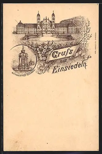 Lithographie Einsiedeln, Kloster, Muttergottes-Brunnen