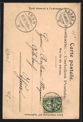 Lithographie Glaris, Cacao Suchard, Wanderer und junge Frau in Tracht