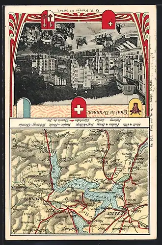AK Brunnen, Strassenpartie am Quai, Landkarte der Region um den Vierwaldstädtersee