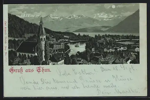 Mondschein-Lithographie Thun, Teilansicht mit Kirche