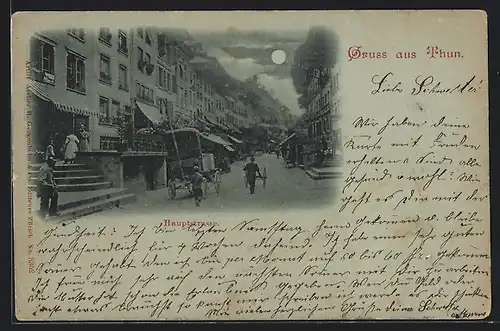 Mondschein-Lithographie Thun, Hauptstrasse mit Passanten