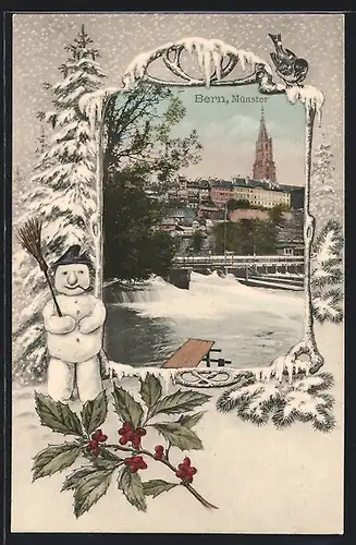 Grusskarten-AK Bern, Münster in winterlichem Passepartout
