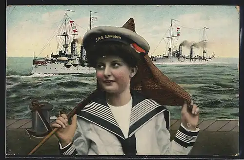 AK Frau in Matrosenhemd mit Käppi S.M.S. Schwaben vor Kriegsschiffen