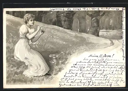 Lithographie Junge Frau im weissen Kleid auf einer Blumenwiese, Jugendstil