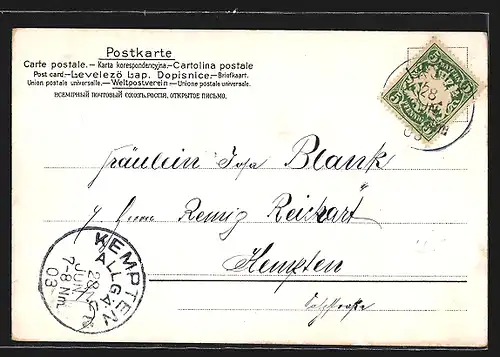 Lithographie Junge Frau im weissen Kleid auf einer Blumenwiese, Jugendstil