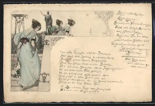 AK Junge Damen in blauen Kleidern auf einer Treppe, Jugendstil