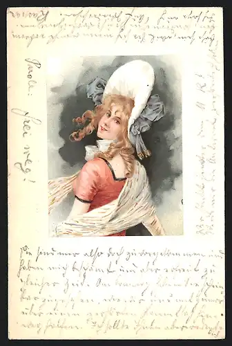 Lithographie Hübsche Dame mit breitem Hut und Halstuch, Jugendstil