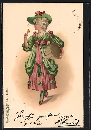 AK Dame im Kleid mit Hut, Jugendstil