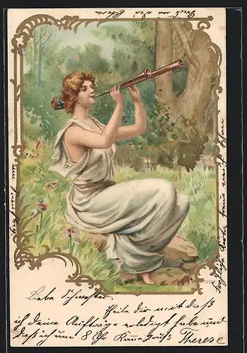 AK Jugendstil, junge Frau auf einem Instrument spielend
