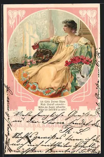 Lithographie Dame in langem gelben Kleid umgeben von Rosenstrauch, Jugendstil
