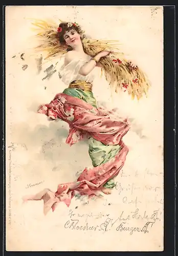 AK Junge Frau mit Ähren über der Schulter, Jugendstil