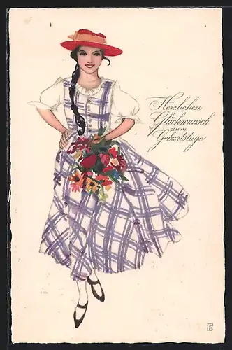 Künstler-AK Meissner & Buch (M&B) Nr.: Dame im karierten Kleid, Blumen