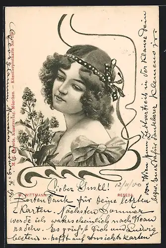Lithographie Dame in Kleid mit Schleifen und Haarband, Jugendstil