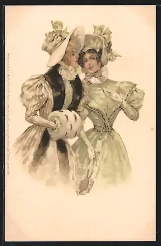 Künstler-AK M. S. M.: Zwei elegante Damen mit Hüten im Gespräch