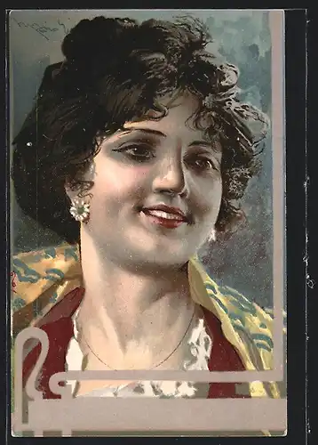 Lithographie Schöne junge Frau mit Blumenohrringen am Lächeln, Jugendstil