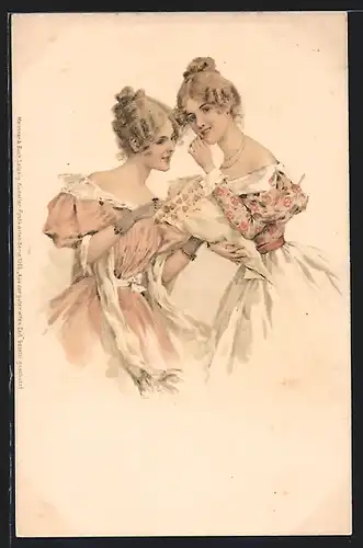 Künstler-AK M. S. M.: Zwei elegante junge Damen naschen aus einer Bonbontüte