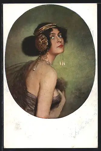 Künstler-AK sign. Salome Pausinger: Junge Dame mit extravagantem Haarschmuck