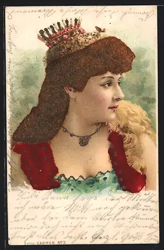 Glitzer-Perl-AK Serie Carmen, Blonde König trägt eine Krone, Jugendstil