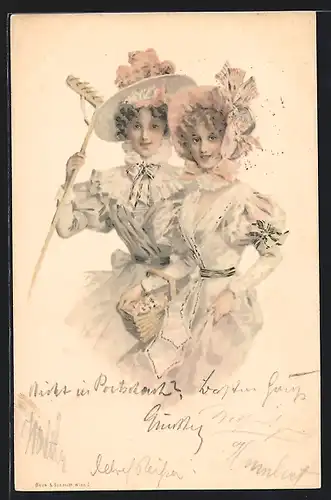 AK Frauen mit Haube und Federhut mit Blumenkorb und Rechen