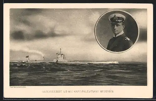 AK U-Boot U9 mit Kapitänleutnant O. Weddigen in voller Fahrt
