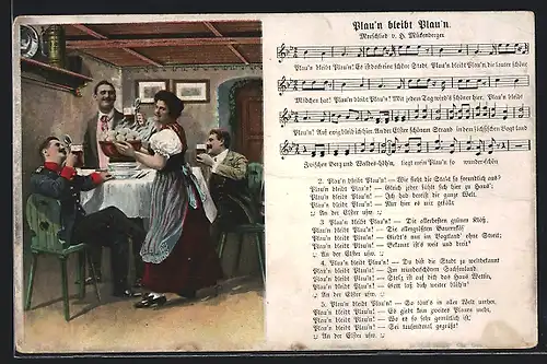 AK Plauen, Innenansicht eines Gasthauses, Mit Liedtext Plau`n bleibt Paun`n