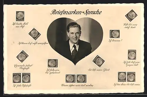 AK Briefmarkensprache für Verliebte, Portrait eines jungen Mannes