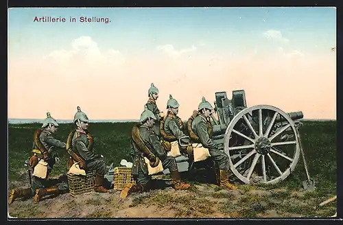 AK Artillerie in Stellung, deutsche Artilleristen justieren Feldgeschütz