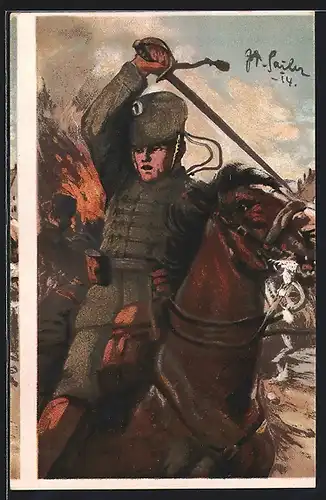 Künstler-AK Soldat der Kavallerie schwingt Degen auf Pferd